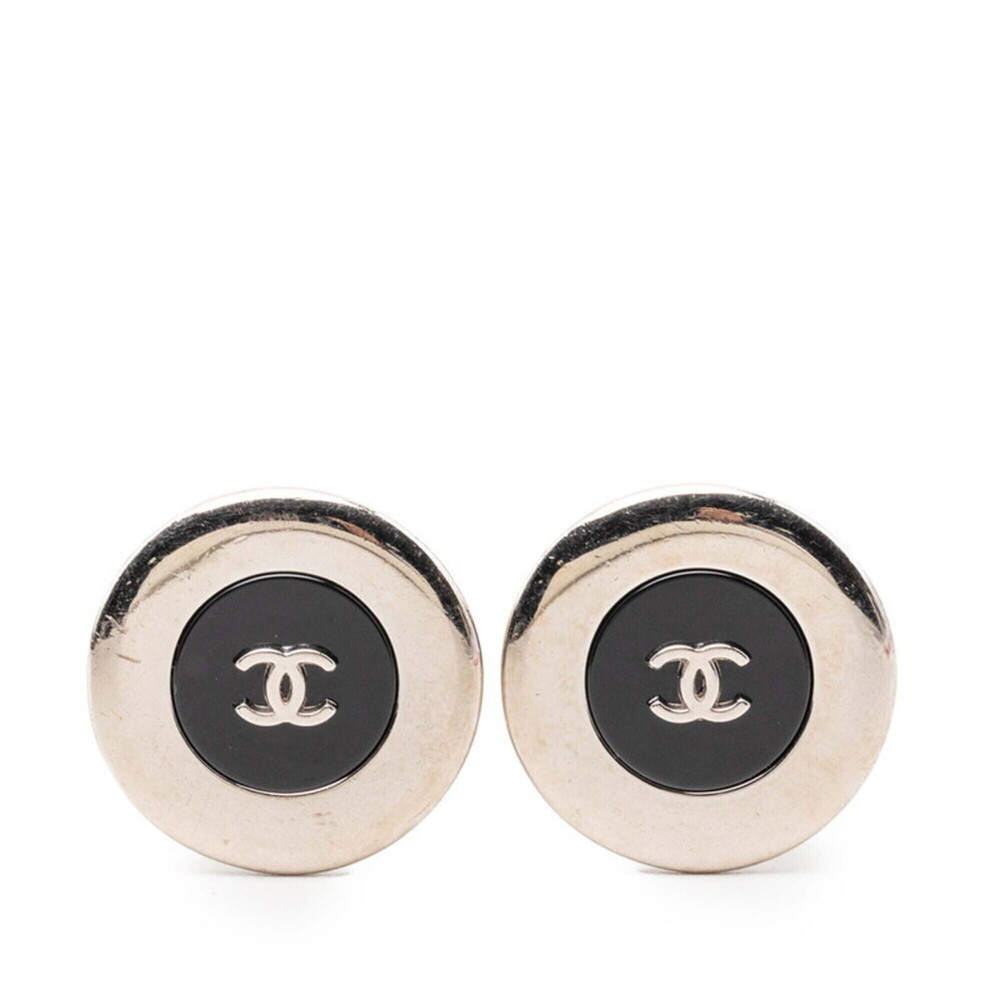 Chanel Coco Mark Vintage Round Earrings 97A Silver Black Metal Colored Stone ...